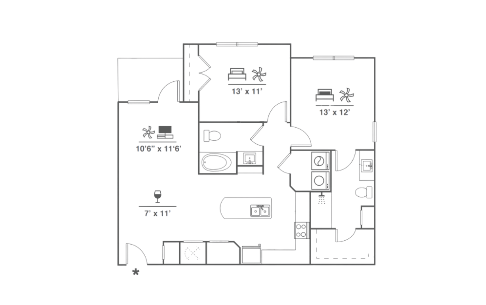 B7 - 2 bedroom floorplan layout with 2 bathrooms and 1121 square feet